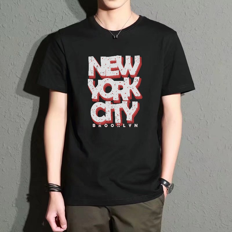 Street Style New York Fashion - Men's Black Round-Neck Short-Sleeved T-Shirt, New