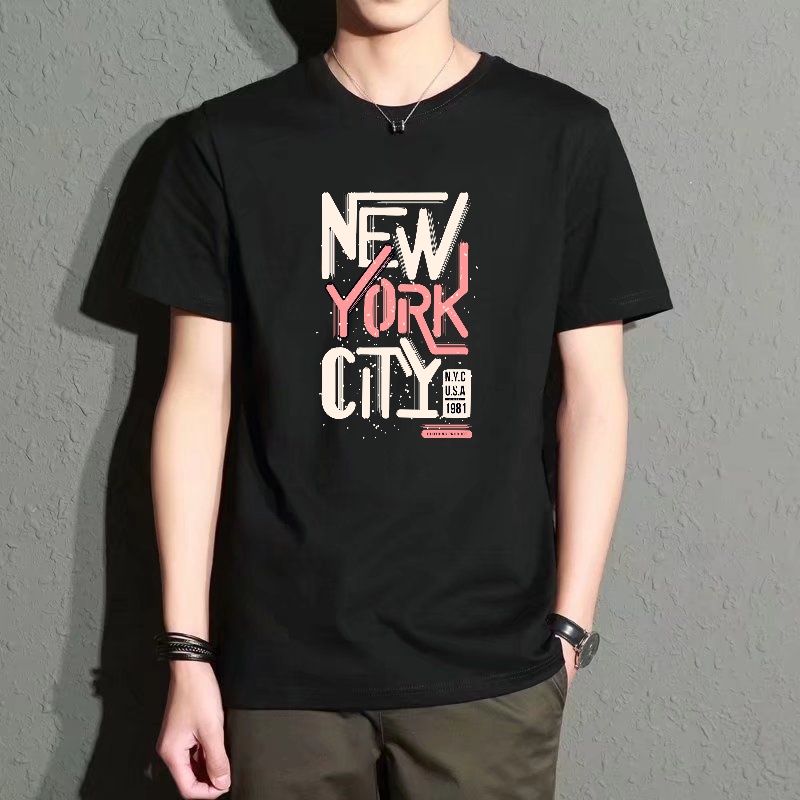 Street Style New York Fashion - Men's Black Round-Neck Short-Sleeved T-Shirt, New